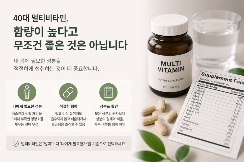 40대 멀티비타민 함량과 성분표 확인 방법을 설명하는 인포그래픽