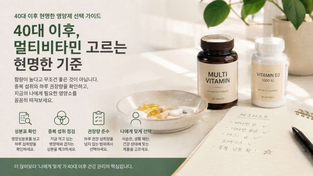 40대 이후 멀티비타민 선택 기준과 함량, 중복 섭취 확인 방법을 설명하는 인포그래픽