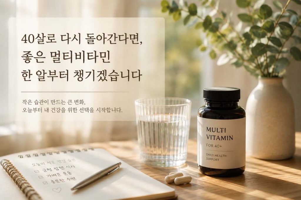 40대 멀티비타민 선택과 건강한 습관을 상징하는 영양제 이미지