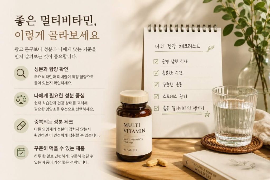 40대 멀티비타민 선택 기준과 건강 체크리스트를 보여주는 이미지