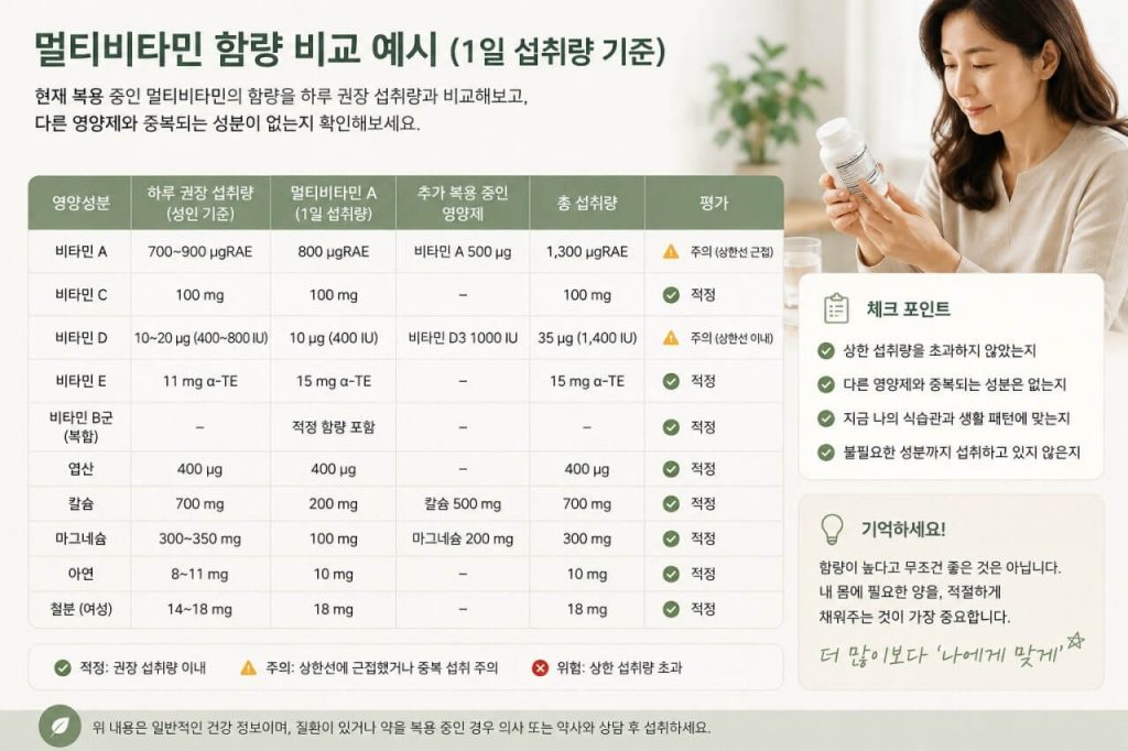 멀티비타민 함량과 하루 권장 섭취량을 비교하는 예시 표