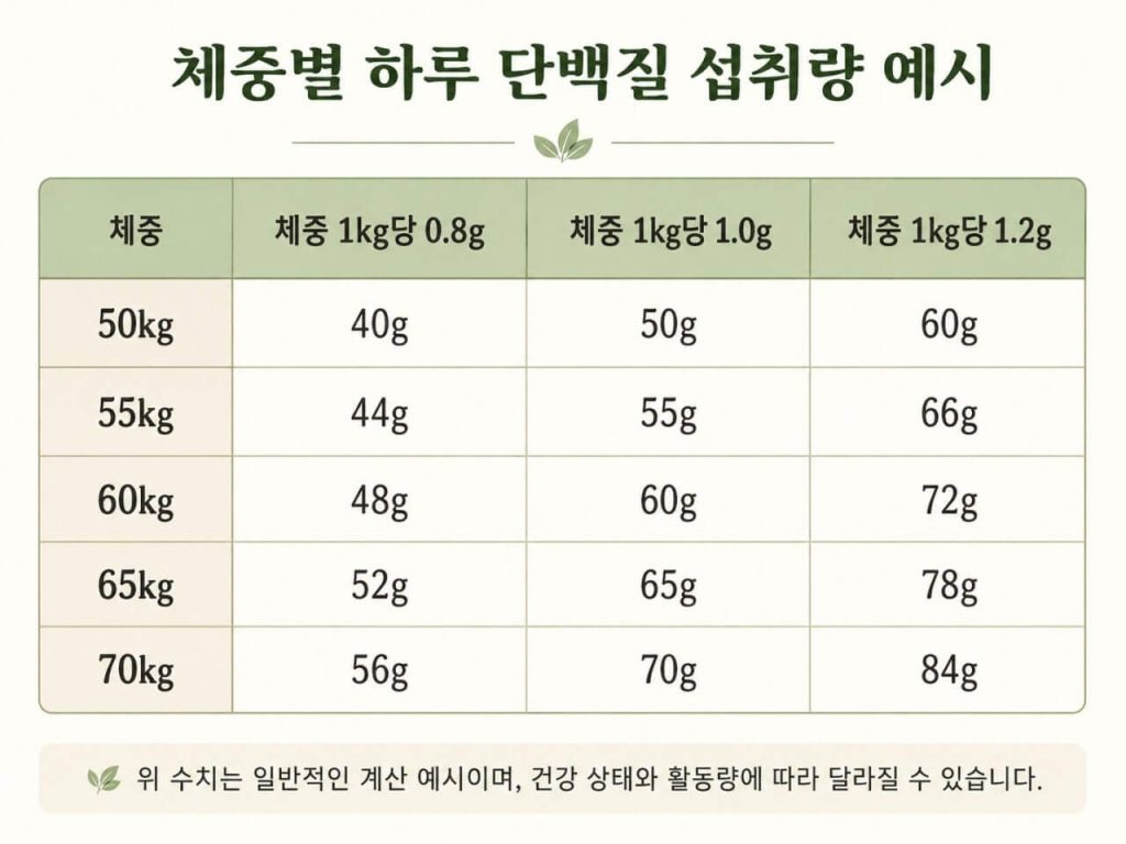 체중별 하루 단백질 섭취량 예시