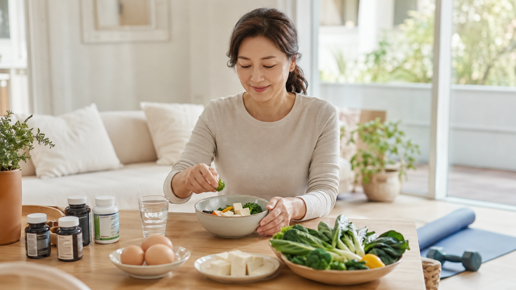 건강식품과 식사 운동 습관을 함께 돌아보는 40대 여성