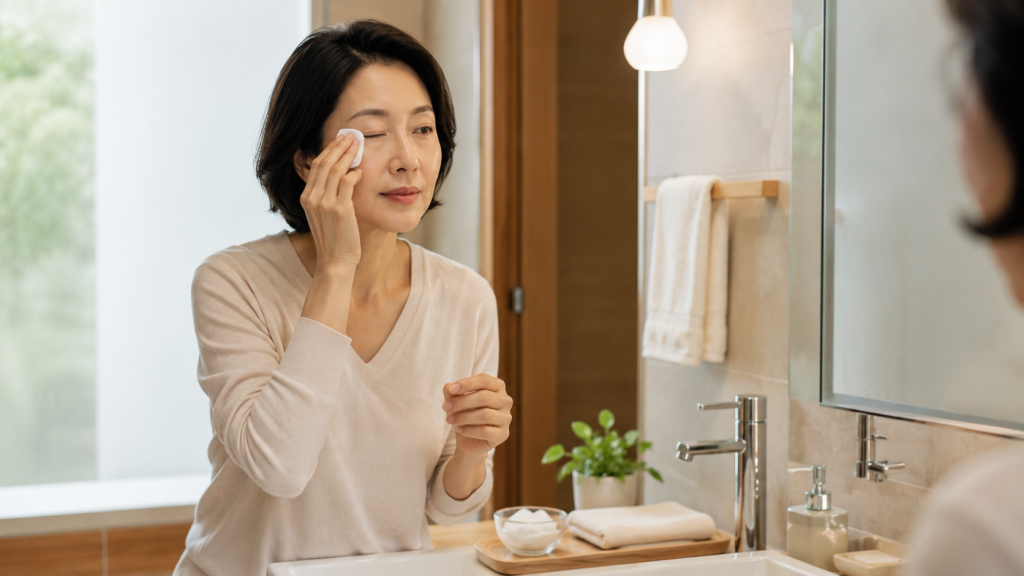 눈꺼풀 위생을 관리하는 중년 여성