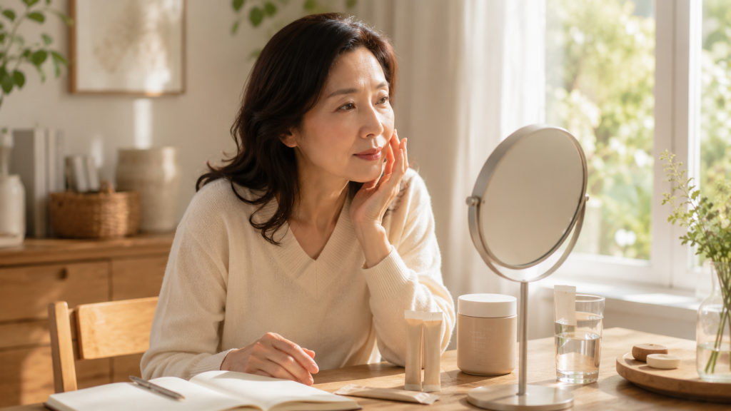 콜라겐을 먹어도 효과가 없을까요? 거울을 보며 피부 상태를 확인하는 중년 여성