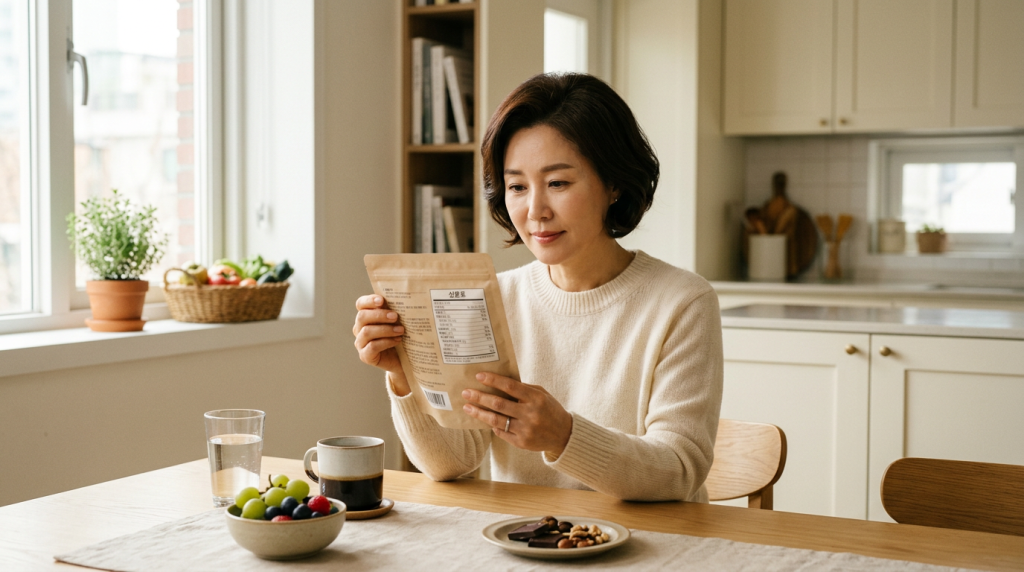 식품 포장 앞면보다 뒷면 성분표를 먼저 확인하는 여성