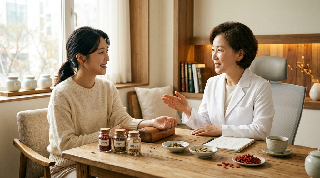 한의원에서 건강한 생활 습관과 구기자차에 대해 상담받는 모습