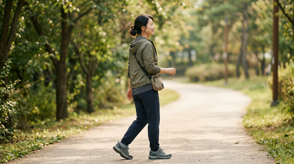 노년기에도 내 힘으로 걷고 생활하기 위해 꾸준히 걷는 중년 여성