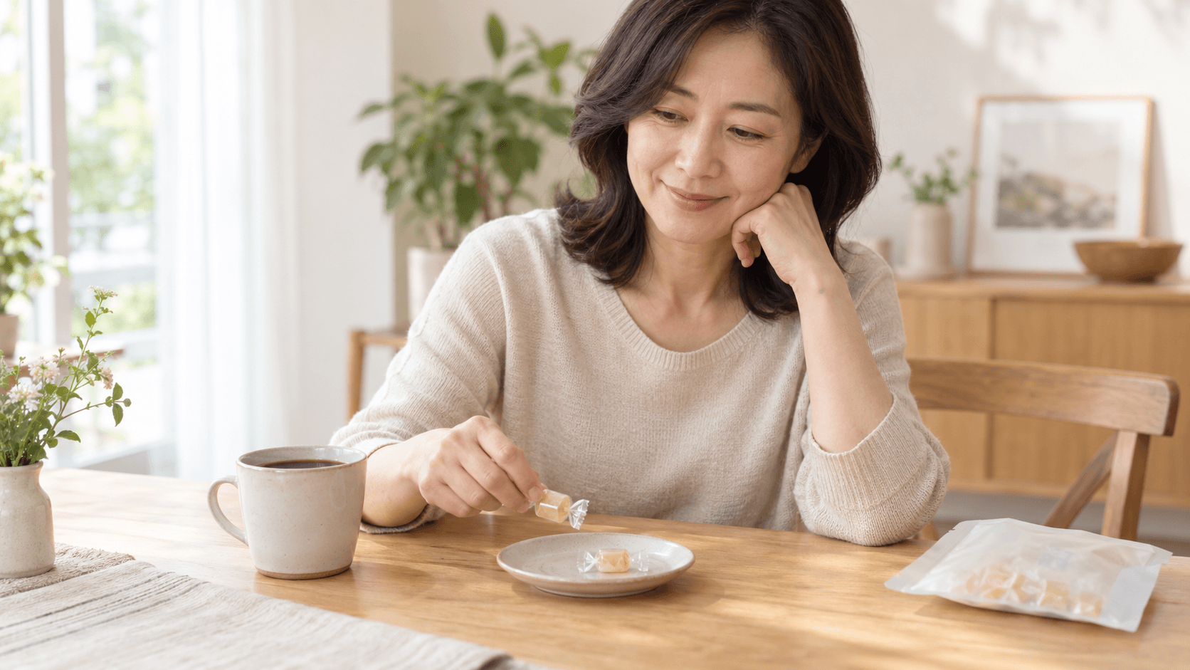 무설탕 식품 성분표를 확인하며 사탕 섭취량을 조절하는 40대 후반 여성
