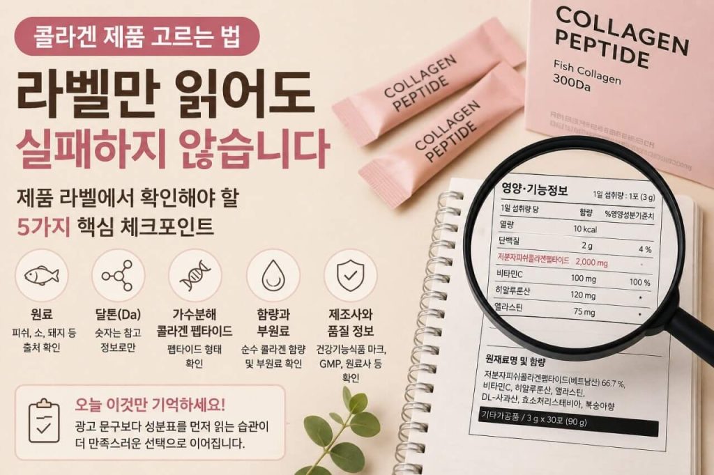 콜라겐 제품 고르는 법과 제품 라벨에서 확인해야 할 5가지 체크포인트를 정리한 인포그래픽