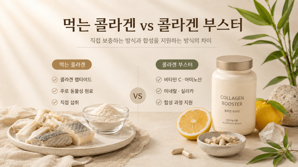 먹는 콜라겐과 콜라겐 부스터의 차이를 비교한 이미지