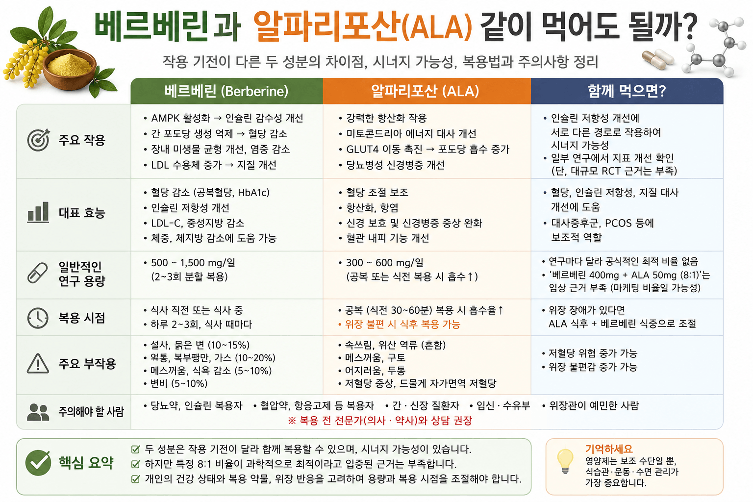 베르베린과 알파리포산 같이 먹어도 될까? 인슐린 저항성·복용법·부작용 정리