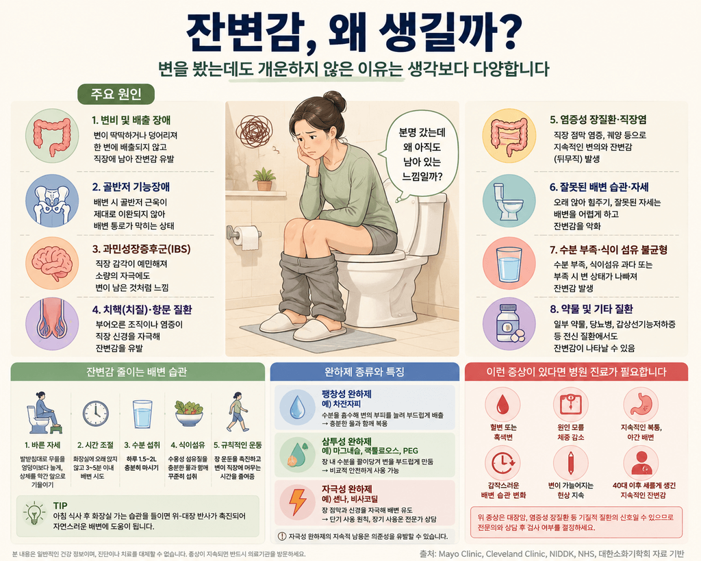 잔변감 원인과 배변 습관, 완하제 종류 및 병원 진료 신호를 설명한 인포그래픽