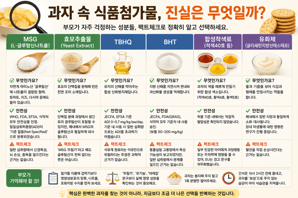 과자 속 MSG, 효모추출물, TBHQ, BHT, 합성착색료, 유화제의 역할과 안전성을 비교한 식품첨가물 팩트체크 이미지