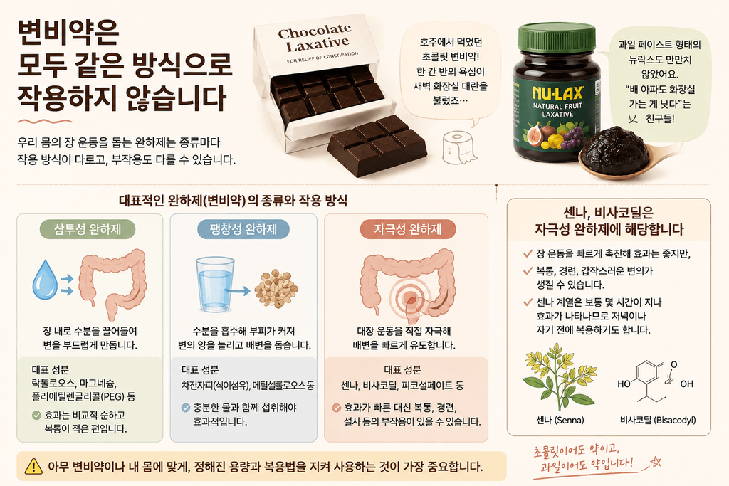 변비약 종류와 작용 방식을 설명하는 인포그래픽