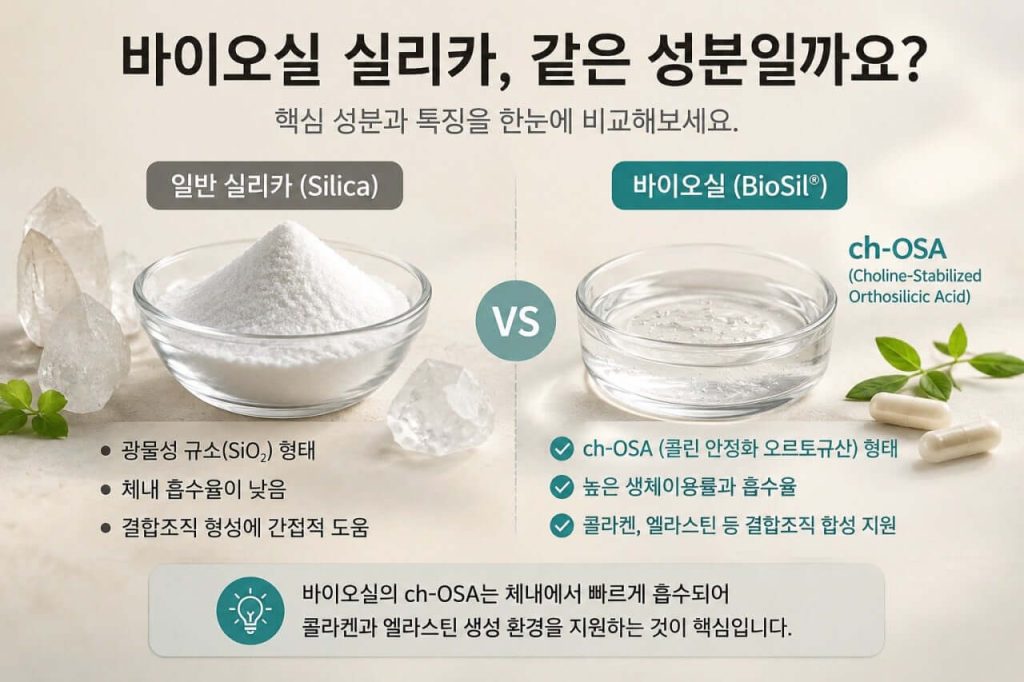 바이오실 실리카 차이와 ch-OSA 특징을 비교한 인포그래픽