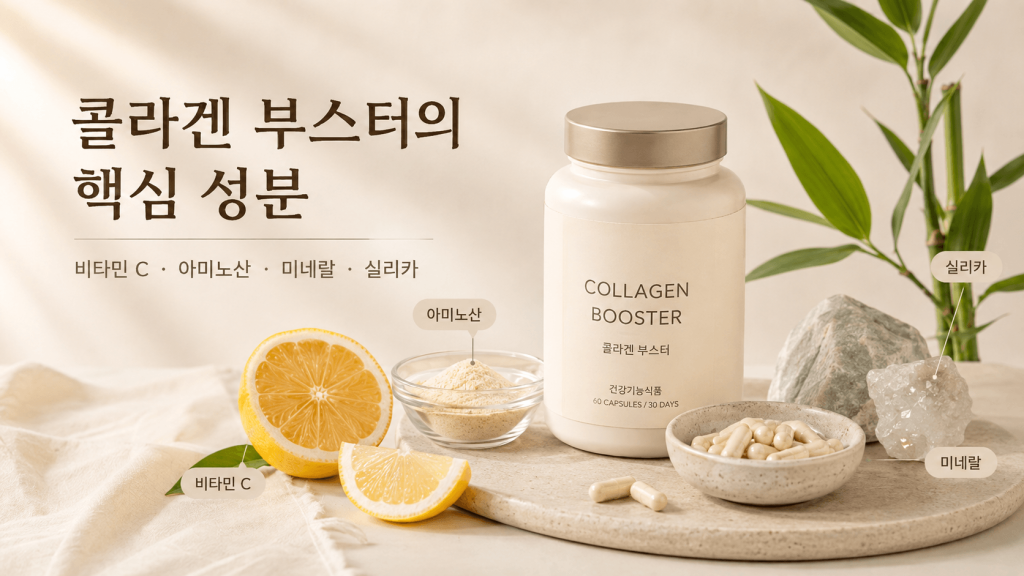 먹는 콜라겐과 콜라겐 부스터의 차이를 시각적으로 표현한 대표 이미지입니다. 왼쪽에는 콜라겐 펩타이드와 어류 원료를, 오른쪽에는 비타민 C, 아미노산, 미네랄, 실리카 등 콜라겐 부스터에 활용되는 성분을 배치했습니다.