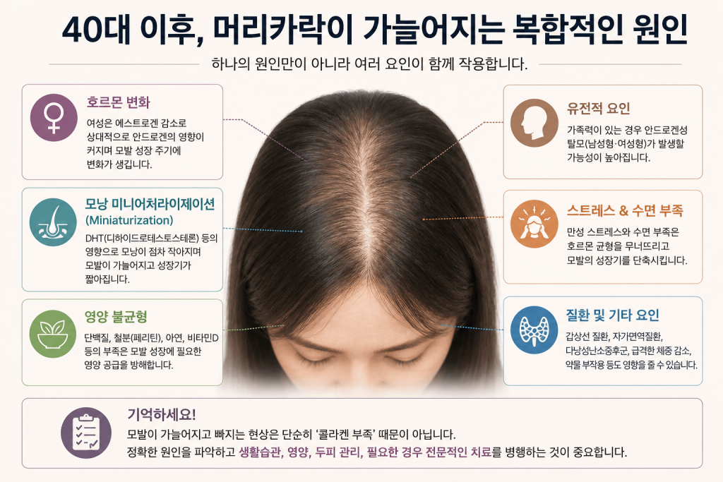 40대 이후 머리카락이 가늘어지는 원인, 호르몬 영양 스트레스 탈모 요인