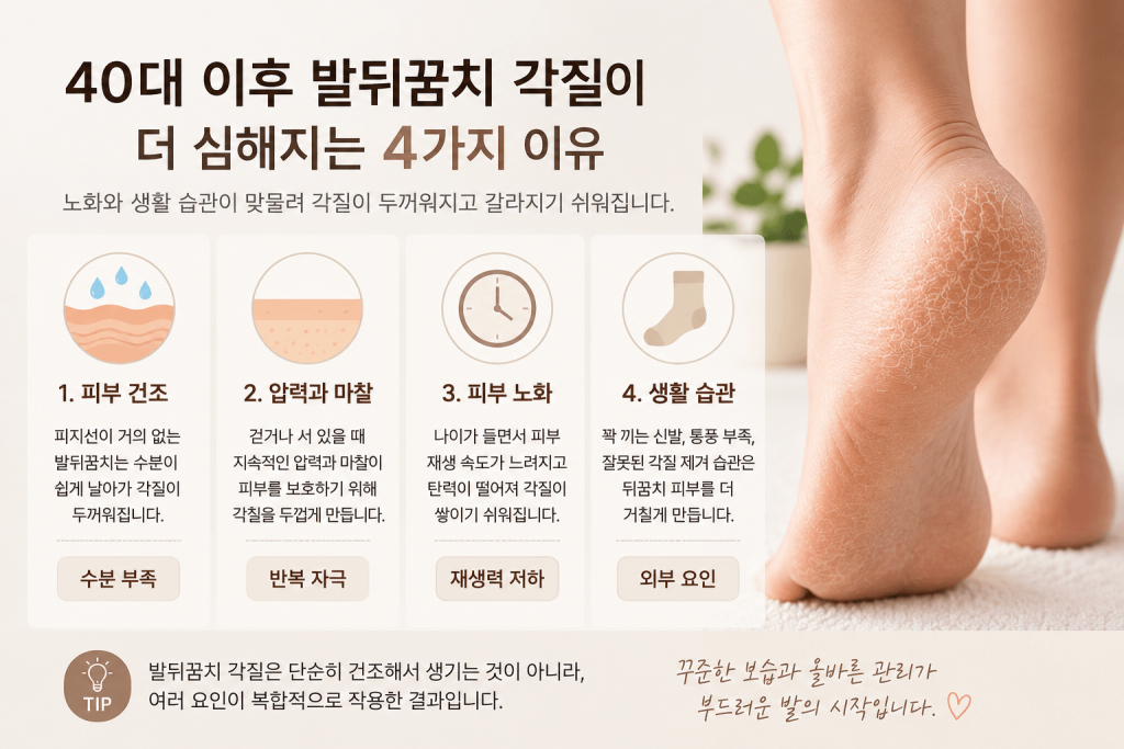 40대 발뒤꿈치 각질이 심해지는 이유 피부 건조 압력 마찰 피부 노화 생활 습관