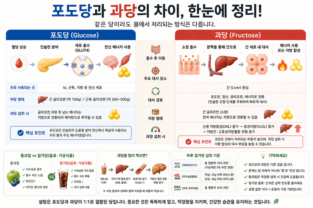 포도당과 과당의 대사 차이, 통과일과 첨가당 차이를 비교한 인포그래픽