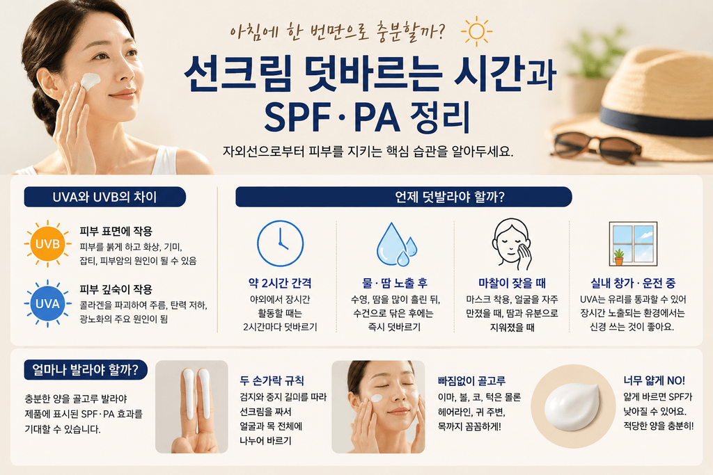 선크림 덧바르는 시간과 UVA·UVB 차이, 적정 사용량을 설명하는 인포그래픽