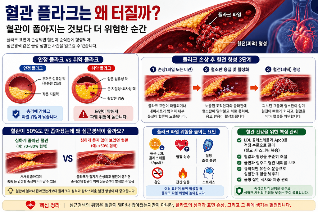 안정 플라크와 취약 플라크 차이 및 혈관 플라크 파열 후 혈전 형성 과정을 보여주는 인포그래픽