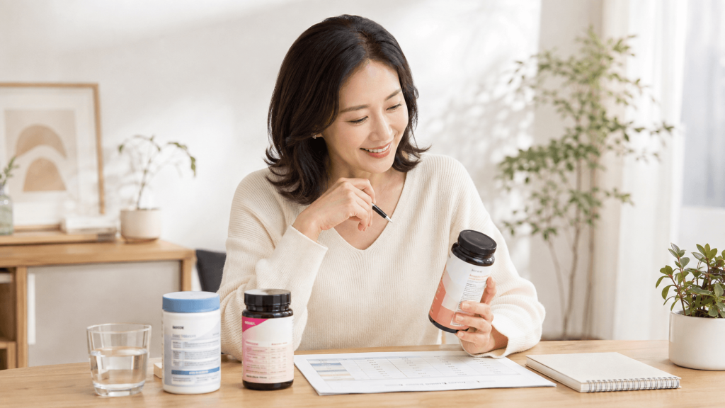 해외 콜라겐 비교를 위해 여러 콜라겐 제품의 성분과 함량을 살펴보는 40대 여성