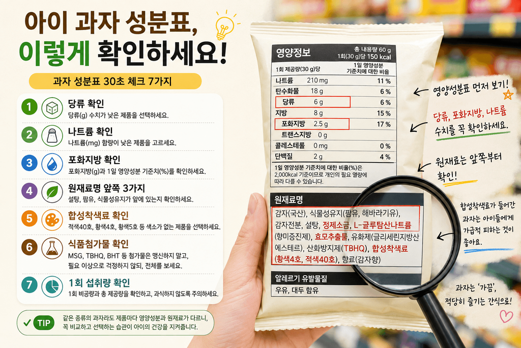 아이 과자 성분표에서 당류, 나트륨, 포화지방, 원재료, 합성착색료, 식품첨가물, 1회 섭취량을 확인하는 방법