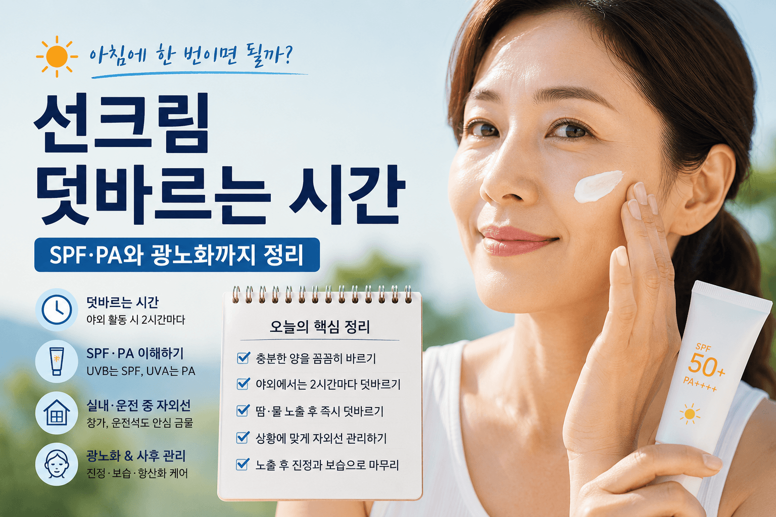 선크림 아침에 한 번이면 될까? SPF·PA와 덧바르는 시간, 광노화까지 정리