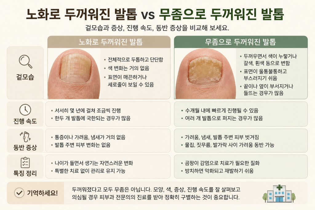 노화로 두꺼워진 발톱과 무좀으로 두꺼워진 발톱 차이 비교