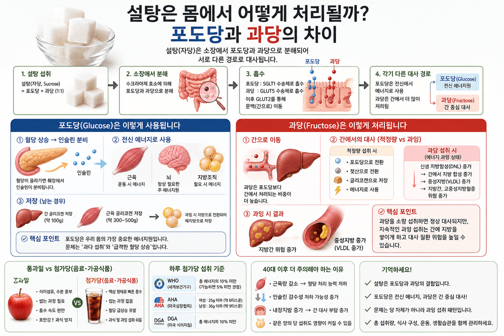설탕이 포도당과 과당으로 분해되고 서로 다르게 대사되는 과정을 설명한 인포그래픽