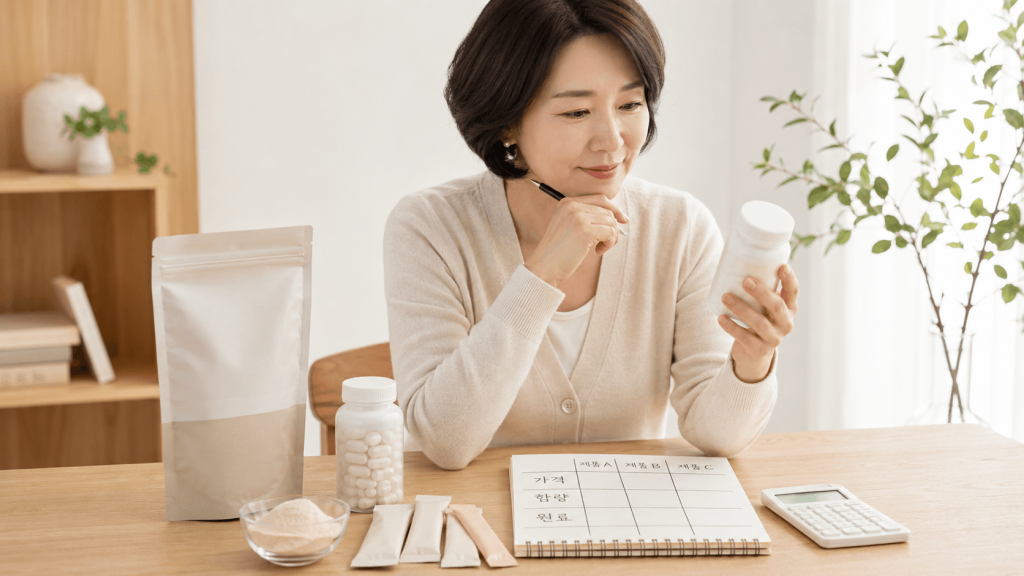 콜라겐 가격과 함량 원료를 비교하는 40대 여성