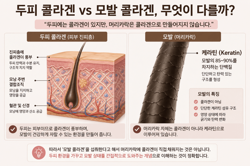 두피 콜라겐과 모발 콜라겐 차이, 머리카락 케라틴 구조 비교