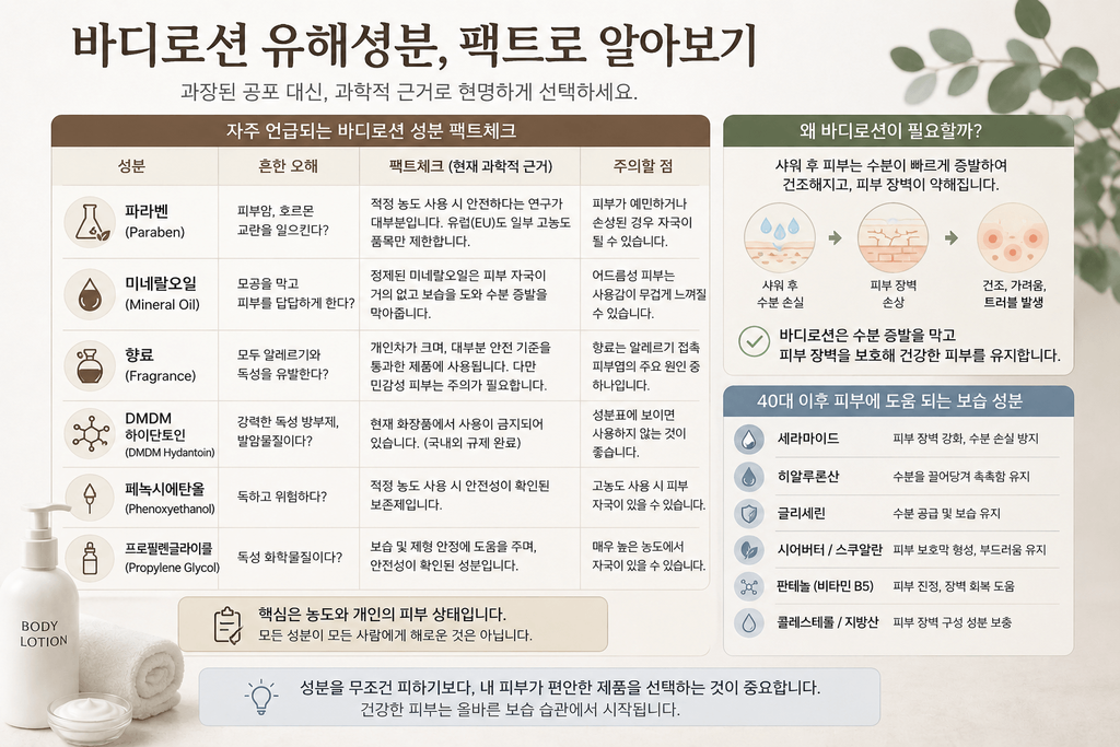 바디로션 유해성분 팩트체크와 40대 피부 보습 성분을 정리한 인포그래픽
