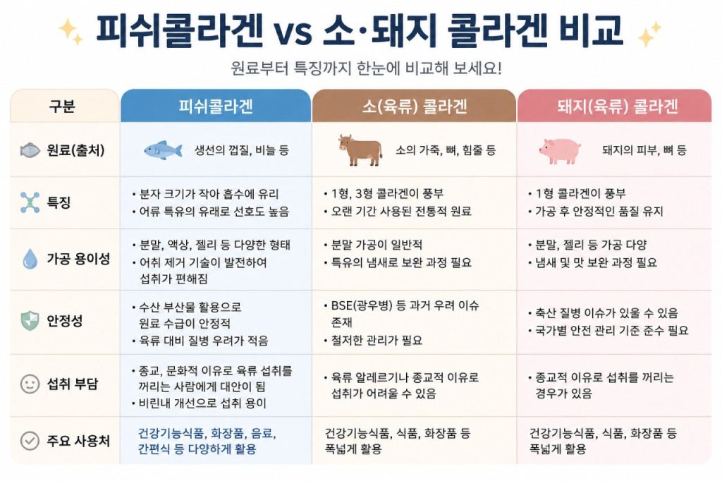 피쉬콜라겐과 소·돼지 콜라겐의 원료, 특징, 가공 용이성, 활용 분야 등을 한눈에 비교한 인포그래픽입니다.