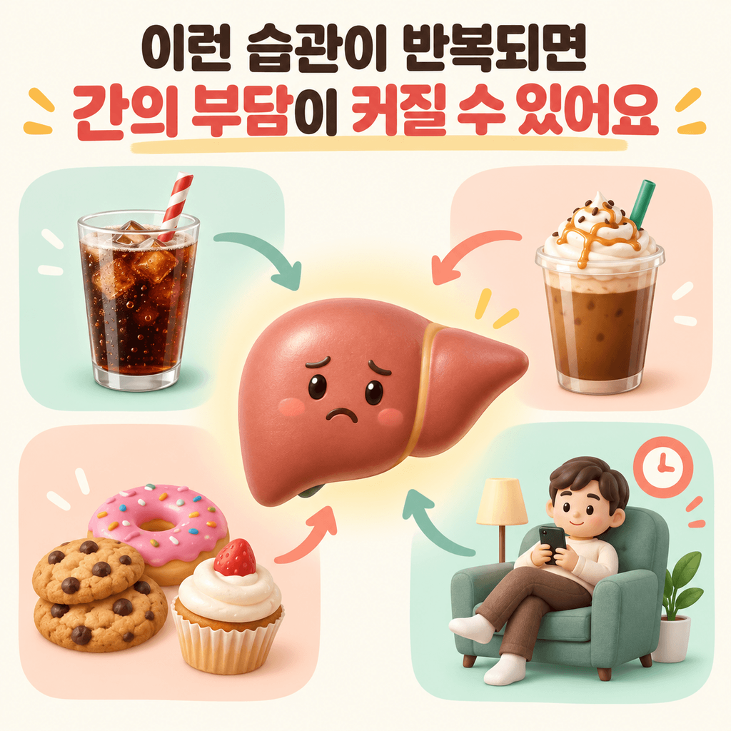 가당음료와 달콤한 커피, 디저트, 낮은 활동량이 반복되면 간의 부담이 커질 수 있음을 표현한 이미지