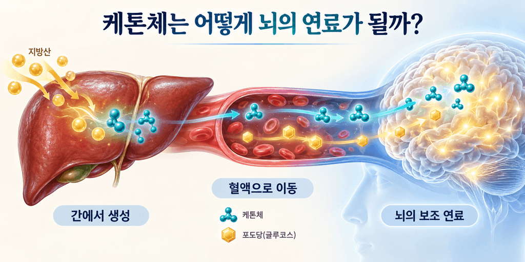 간에서 생성된 케톤체가 혈액을 통해 뇌로 이동해 보조 연료로 사용되는 과정