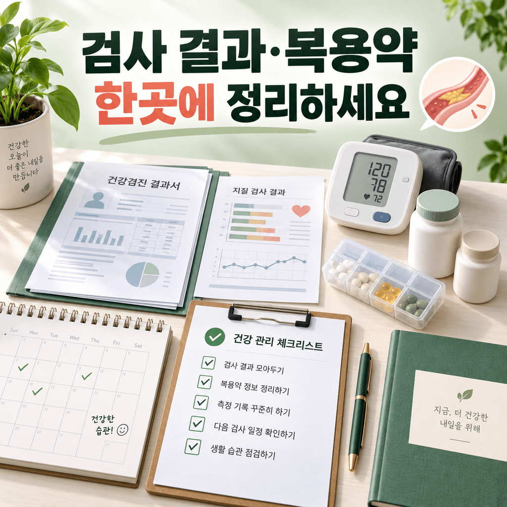 혈관 플라크 관리를 위해 검사 결과와 복용약을 정리한 건강 관리 체크리스트