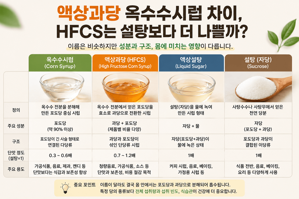액상과당 옥수수시럽 차이와 액상설탕 설탕 비교표