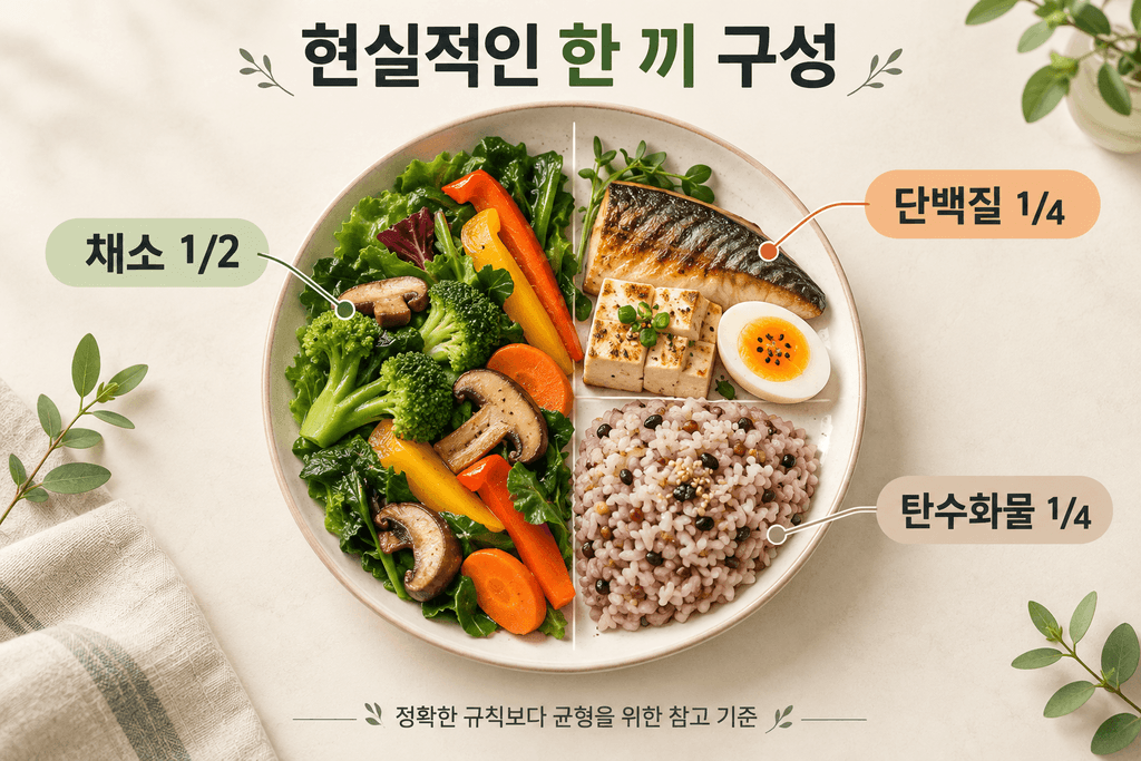 40대 당 줄이기를 위한 채소 1/2, 단백질 1/4, 탄수화물 1/4의 균형 잡힌 한 끼