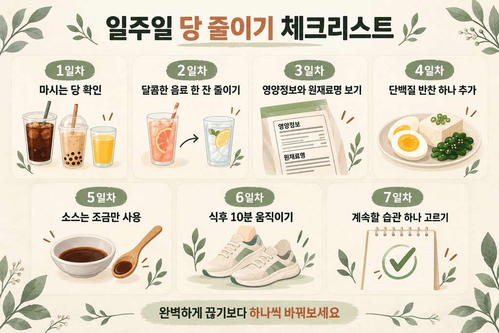 40대 당 줄이기를 위한 음료 줄이기, 영양정보 확인, 단백질 추가, 식후 걷기 등 일주일 실천 체크리스트