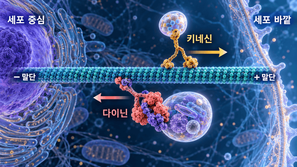 미세소관에서 키네신은 세포 바깥쪽으로, 다이닌은 세포 중심으로 화물을 운반하는 모습