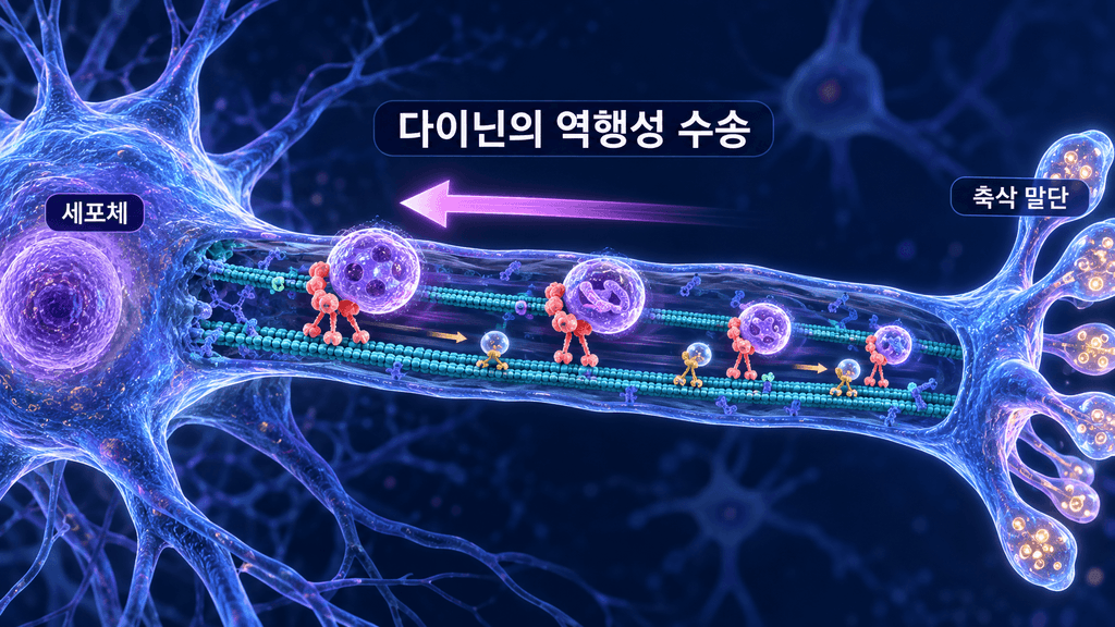 신경세포의 축삭 말단에서 다이닌이 화물을 세포체로 운반하는 역행성 수송 과정