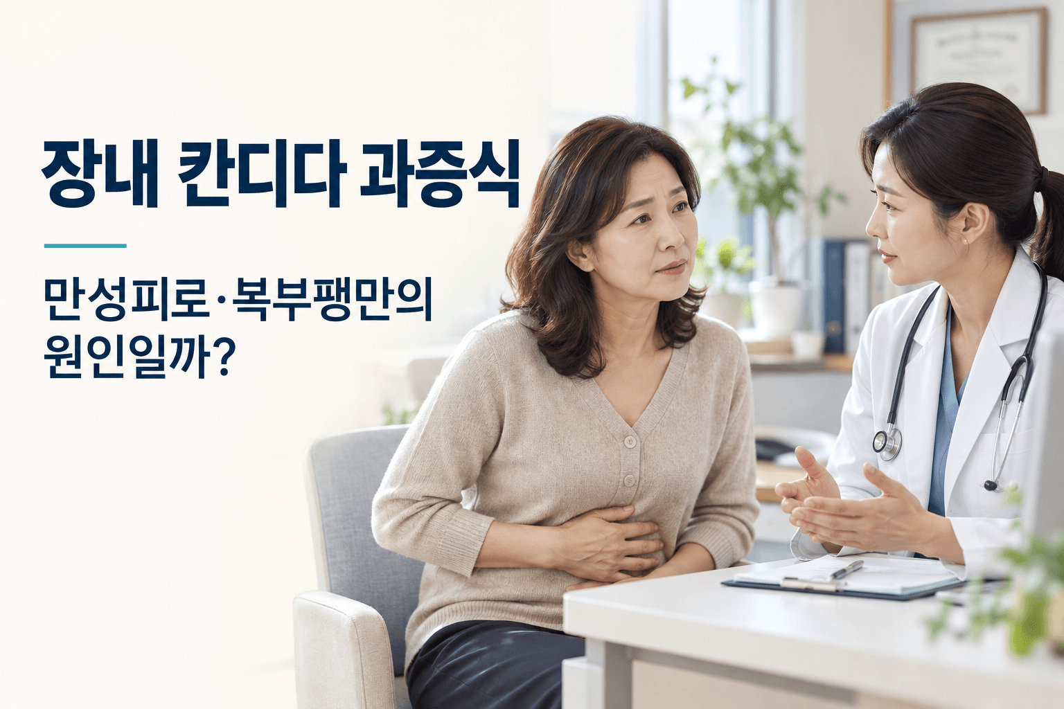 장내 칸디다 과증식과 복부팽만에 관해 의사와 상담하는 중년 여성
