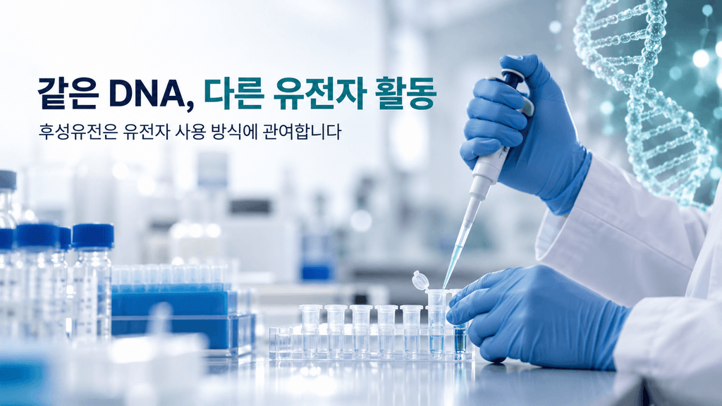 연구원이 피펫으로 시료를 옮기는 실험실 장면과 DNA 모형으로 표현한 후성유전 연구