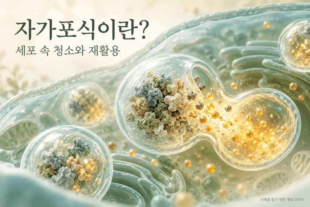 세포 내부의 구성 물질이 분해되고 재활용되는 자가포식을 표현한 개념 일러스트