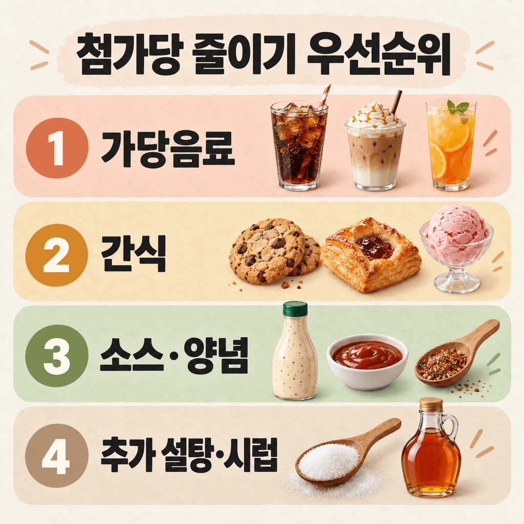 가당음료·간식·소스와 양념·추가 설탕과 시럽 순으로 정리한 첨가당 줄이기 우선순위