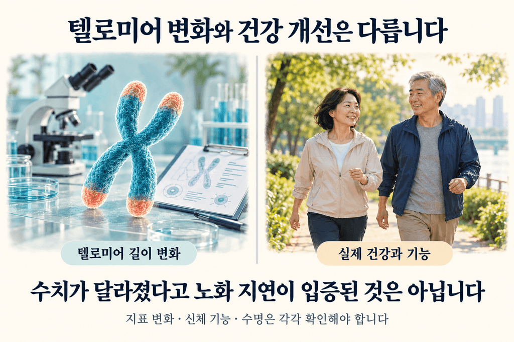 텔로미어 길이 연구를 상징하는 염색체와 실험실, 공원을 걷는 중년·노년층을 나란히 배치한 이미지