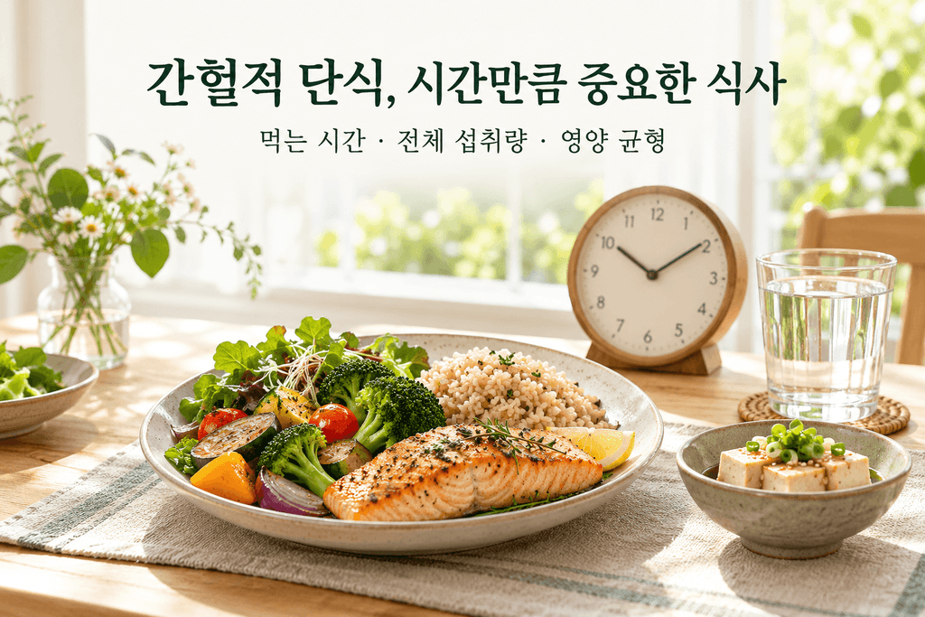 간헐적 단식의 식사 시간과 영양 균형을 표현한 시계, 연어·현미밥·채소·두부 식단