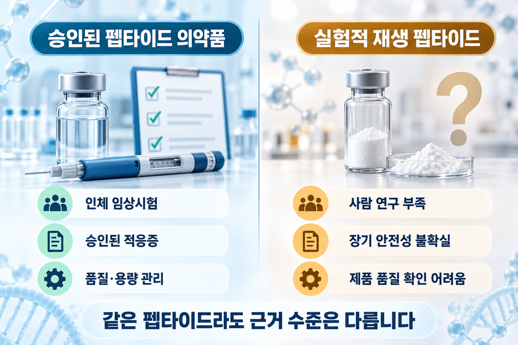 승인된 펩타이드 의약품과 실험적 재생 펩타이드의 근거 수준 비교